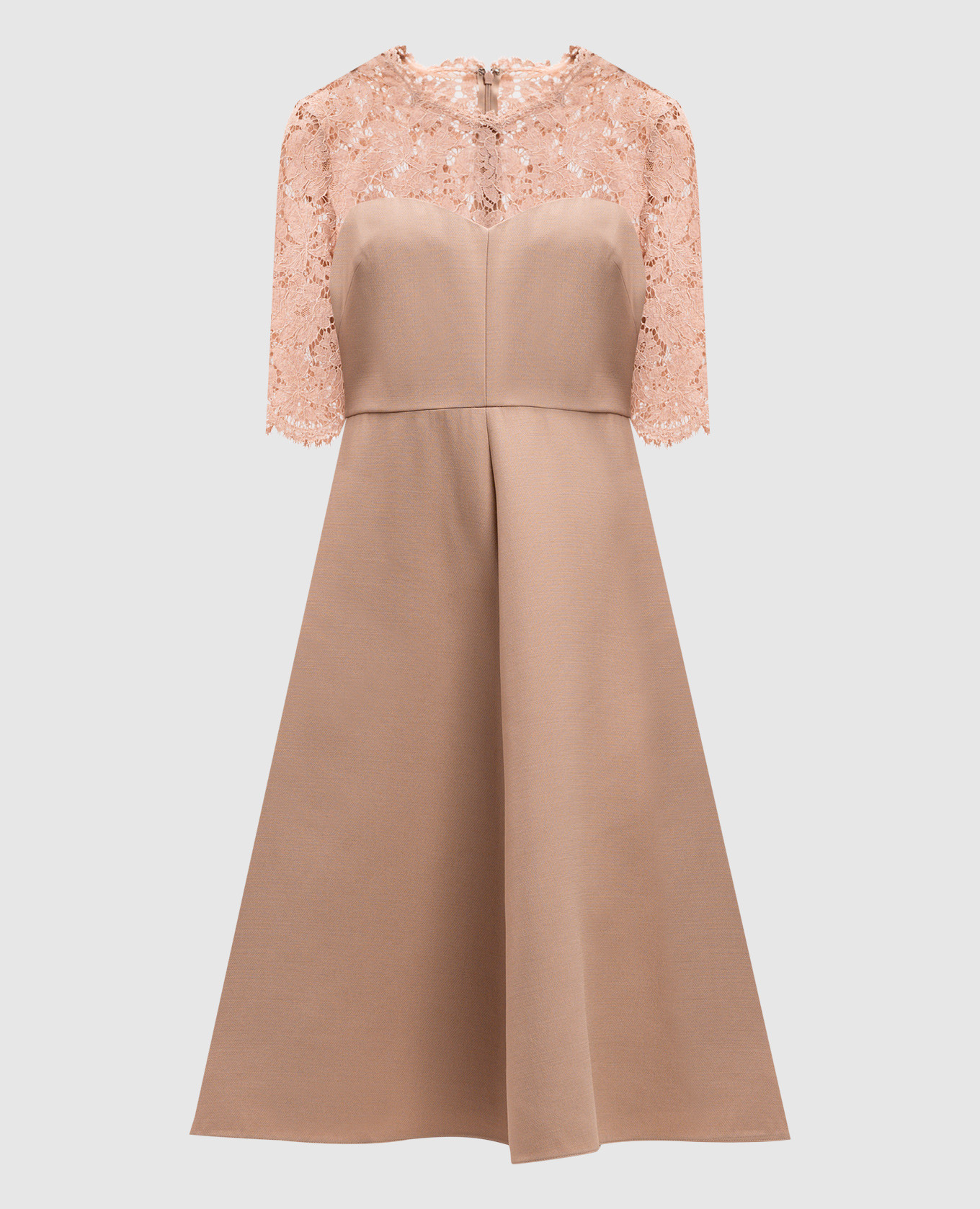 Бежевое платье миди из шерсти и шелка с кружевом, Бежевый, Повседневные платья 
Бежевое платье миди из шерсти и шелка с кружевом, Бежевый, Повседневные платья