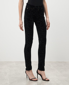 Saint Laurent Черные бархатные джинсы в анималистичный принт. 527379YA890