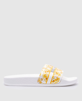 Dolce&Gabbana Детские белые кожаные шлепанцы с логотипом и принтом Майолика D10705A18383236
