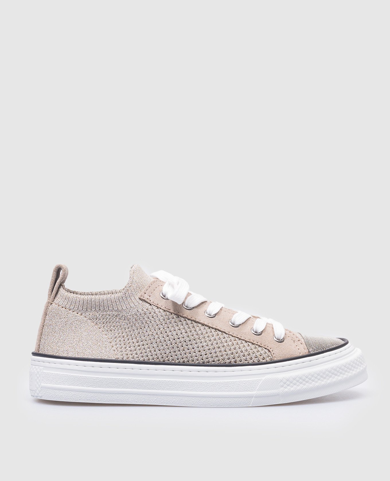 Beige combined sneakers with lurex and monil chain