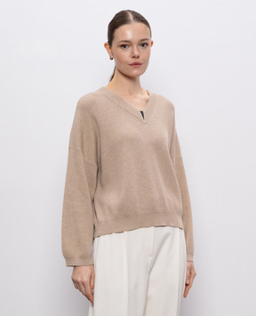 Brunello Cucinelli Бежевый пуловер в рубчик с цепочкой мониль M19255002