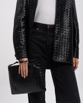 Bottega Veneta Чорна шкіряна плетена сумка-кісет з плетінням 796728V3IV1