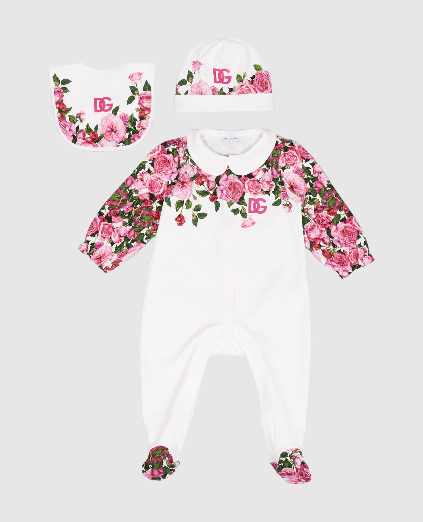 

Детский набор из комбинезона, шапки и слюнявчика в цветочный принт, Белый, Для младенцев