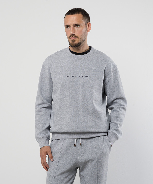 Brunello Cucinelli Серый меланжевый свитшот с вышивкой логотипа M0T353434 изображение 3