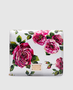 Dolce&Gabbana Голубой кожаный глянцевый портмоне в цветочный принт с логотипом. BI3339A6O23