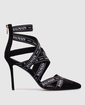 Balmain Черные замшевые босоножки с брендированными лентами EN1UH092TKWB