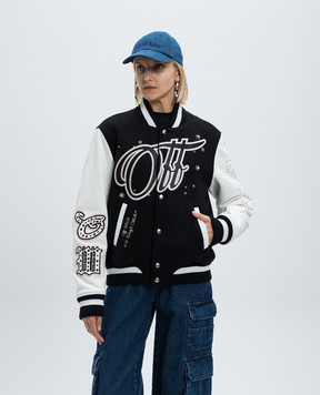 Off-White Чорний комбінований бомбер з нашивкою логотипа OWEK006F24FAB004