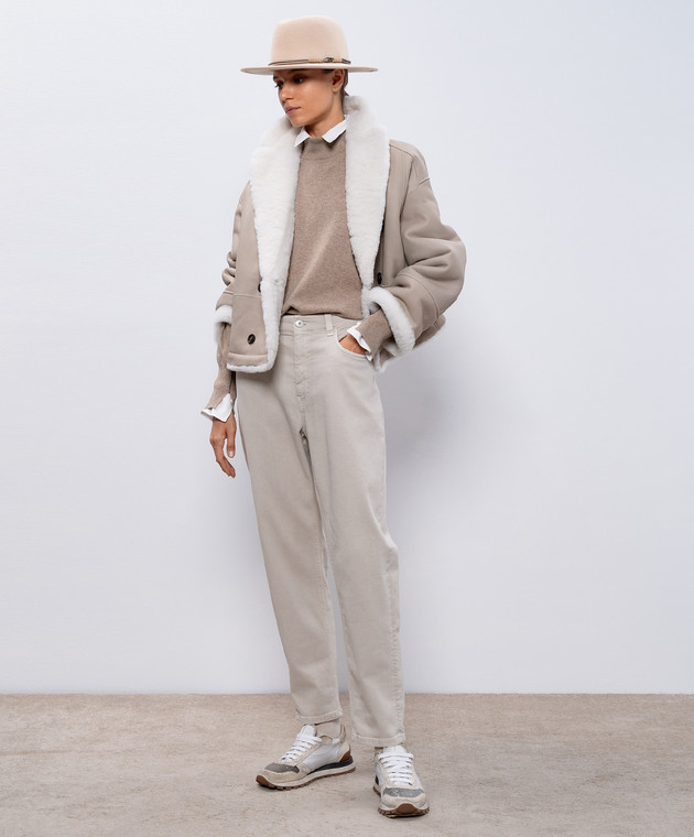 Brunello Cucinelli Бежева шкіряна укорочена двобортна дублянка на овчині MPMBP7962P зображення 2