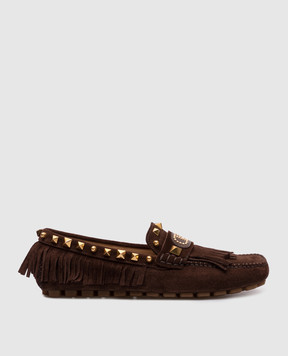Valentino Коричневые замшевые мокасины Rockstud с бахромой. 6W2S0LL2KAD