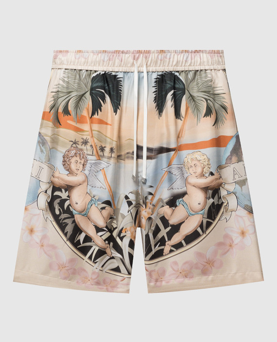 Beige CHERUB printed silk shorts