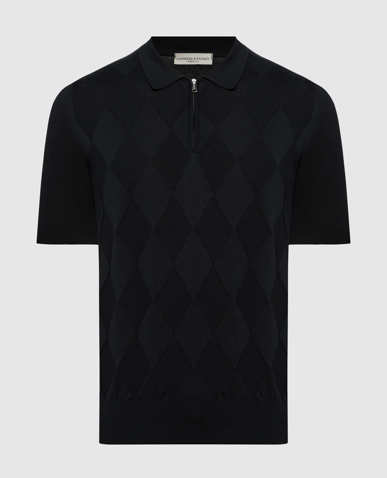 Black silk and cashmere polo with a textured pattern