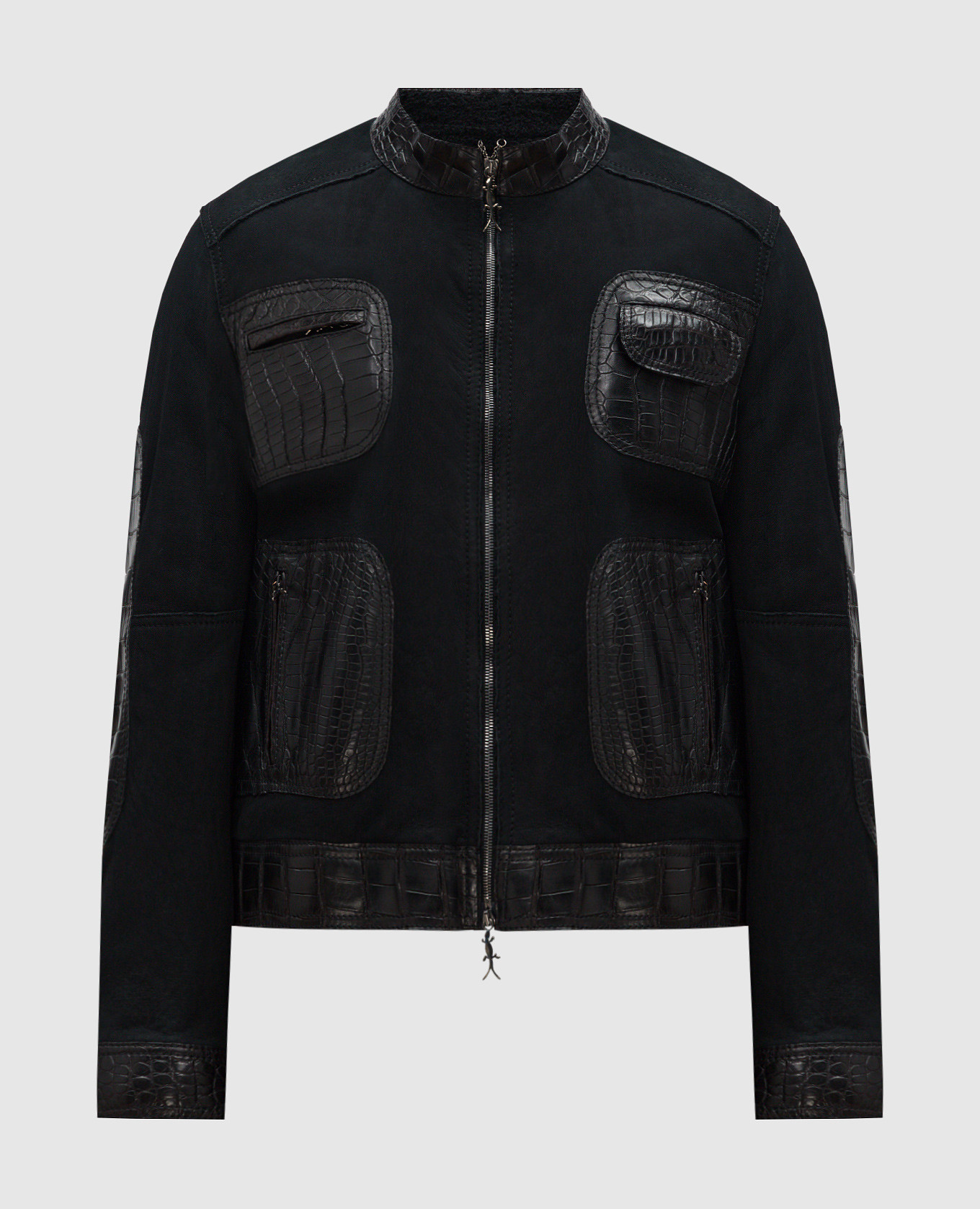 

Черная кожаная куртка со вставками из кожи крокодила, Черный, Кожаные куртки