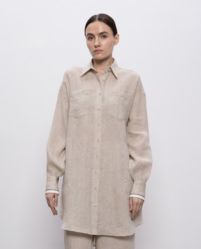 Brunello Cucinelli Бежевая удлиненная рубашка из льна с цепочкой мониль MM633RD636