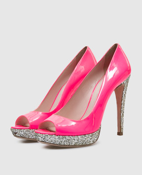 Miu Miu Розовые кожаные лакированные туфли с открытым носком с глитером. 5KP189