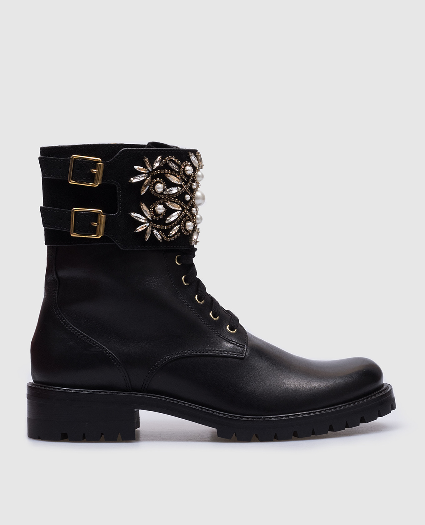

Черные кожаные ботинки с кристаллами и бусинами, Черный, Ботинки