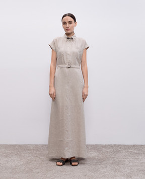 Brunello Cucinelli Бежевое платье макси из льна с цепочкой мониль MM633AHA92