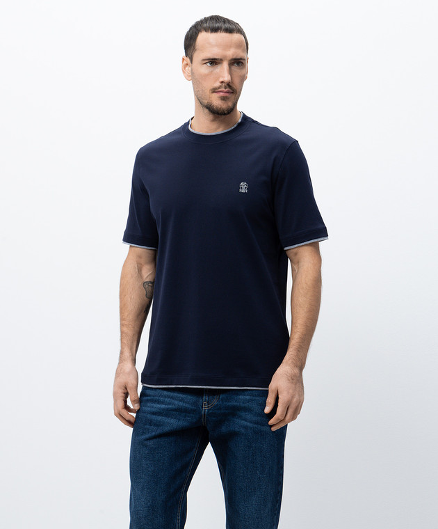 Brunello Cucinelli Синяя футболка с эмблемой с эффектом наложения слоев M0B137427G изображение 3