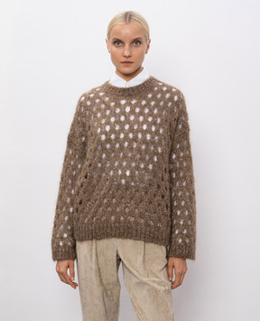 Brunello Cucinelli Коричневий ажурний светр з мохером з паєтками MNA326500