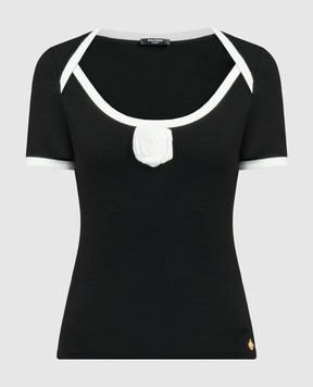 Balmain Черная футболка с цветочной аппликацией CF0EF100JI50