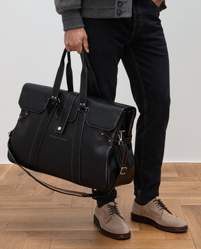 Brunello Cucinelli Черная кожаная дорожная сумка Weekender Country с логотипом MBZIBU429