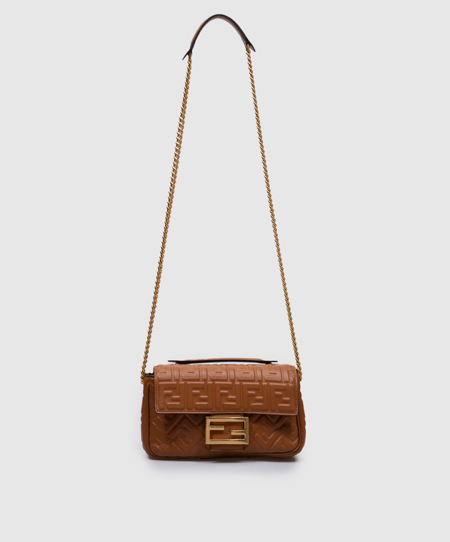 ★ココティ Fendi - Коричневая кожаная сумка кросс-боди Baguette Chain Midi