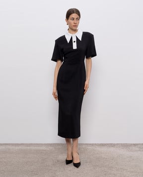 Rowen Rose Черное платье миди с контрастным воротником DRSRR271L