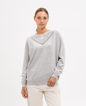 Brunello Cucinelli Серый пуловер из кашемира с цепочкой мониль M12167902P