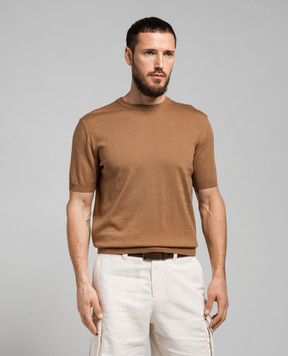 Cashmere&Whiskey Коричневая футболка прямого кроя с шелком и кашемиром FS03