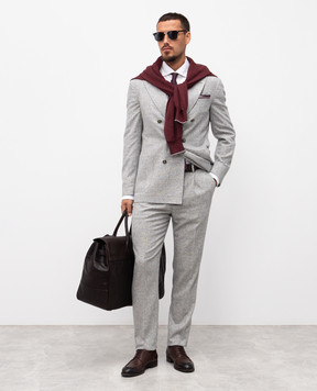 Brunello Cucinelli Серый костюм из шелка, шерсти и кашемира в клетку MA479LDBH2
