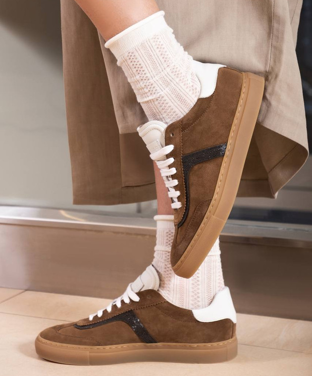 Brunello Cucinelli Коричневі замшеві кросівки з ланцюжком моніль MZSFG2908 зображення 7