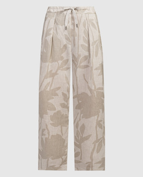 Brunello Cucinelli Бежевые брюки из льна в растительный принт MB650P8597