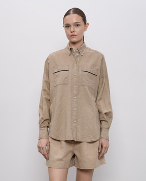 Brunello Cucinelli Бежева сорочка з льоном з ланцюжком моніль MD698RA506