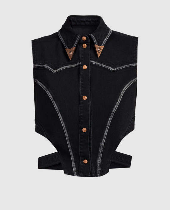 Black denim vest with logo pattern