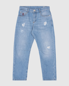 Brunello Cucinelli Дитячі блакитні джинси з ефектом потертості з вишивкою логотипа B0Z37D304B