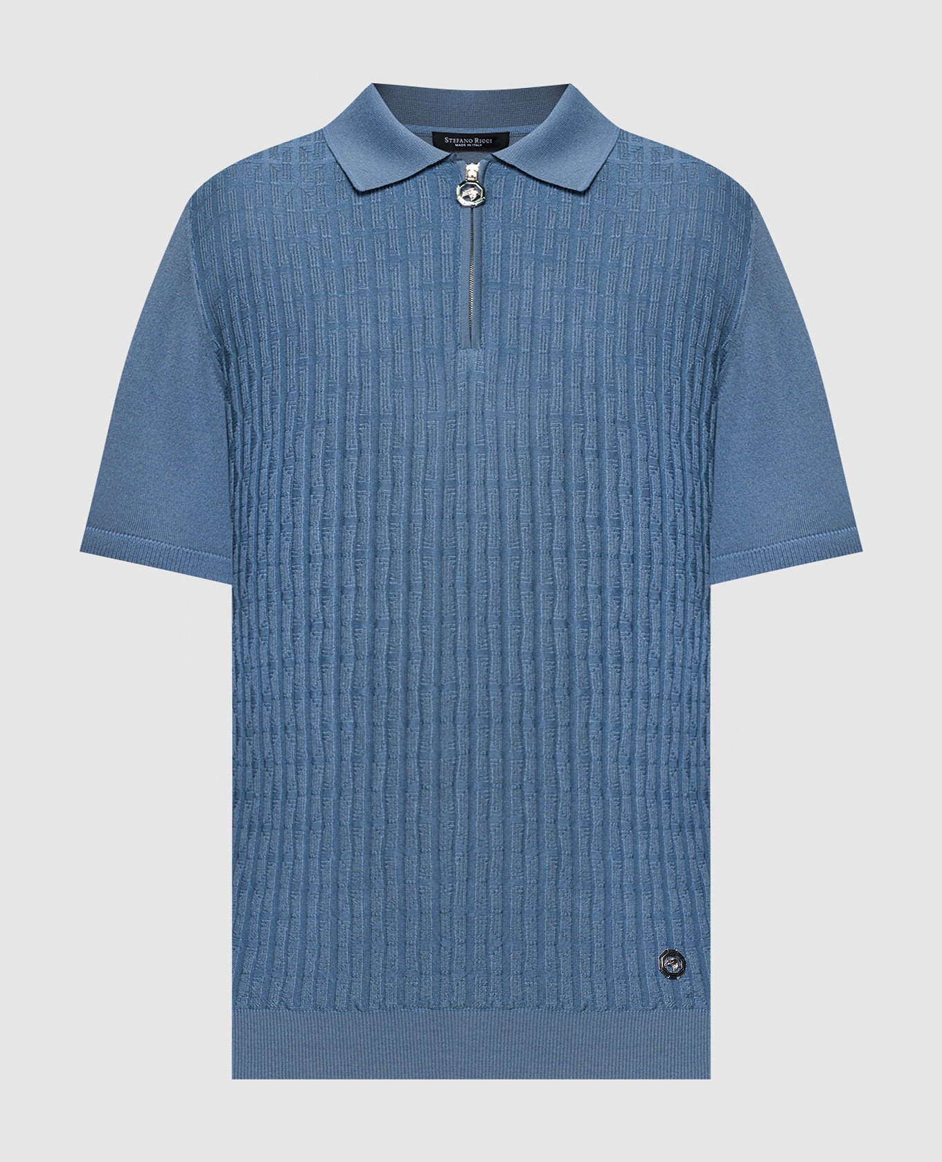 Blue polo shirt with silk in a textured pattern