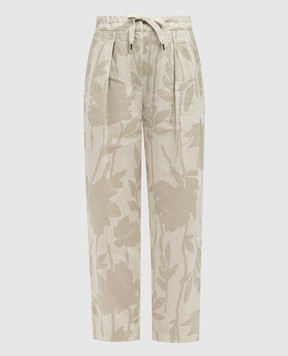 Brunello Cucinelli Бежеві штани з льону в квітковий принт MB650P8597