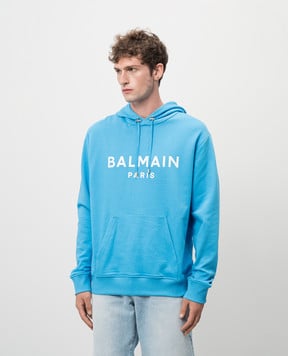 Balmain Блакитне худі з принтом логотипа DH0JR002BB65