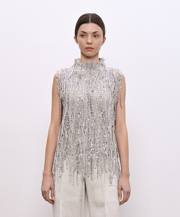 Brunello Cucinelli Серый ажурный топ с пайетками M38R18604 изображение 3