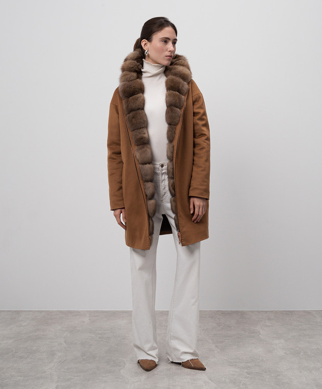 Via Cappella Коричневое пальто из кашемира с мехом соболя P11785CASHMERE изображение 2
