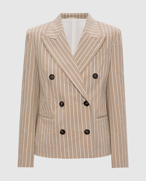 Brunello Cucinelli Бежевый двубортный жакет с шелком в полоску MH5417064