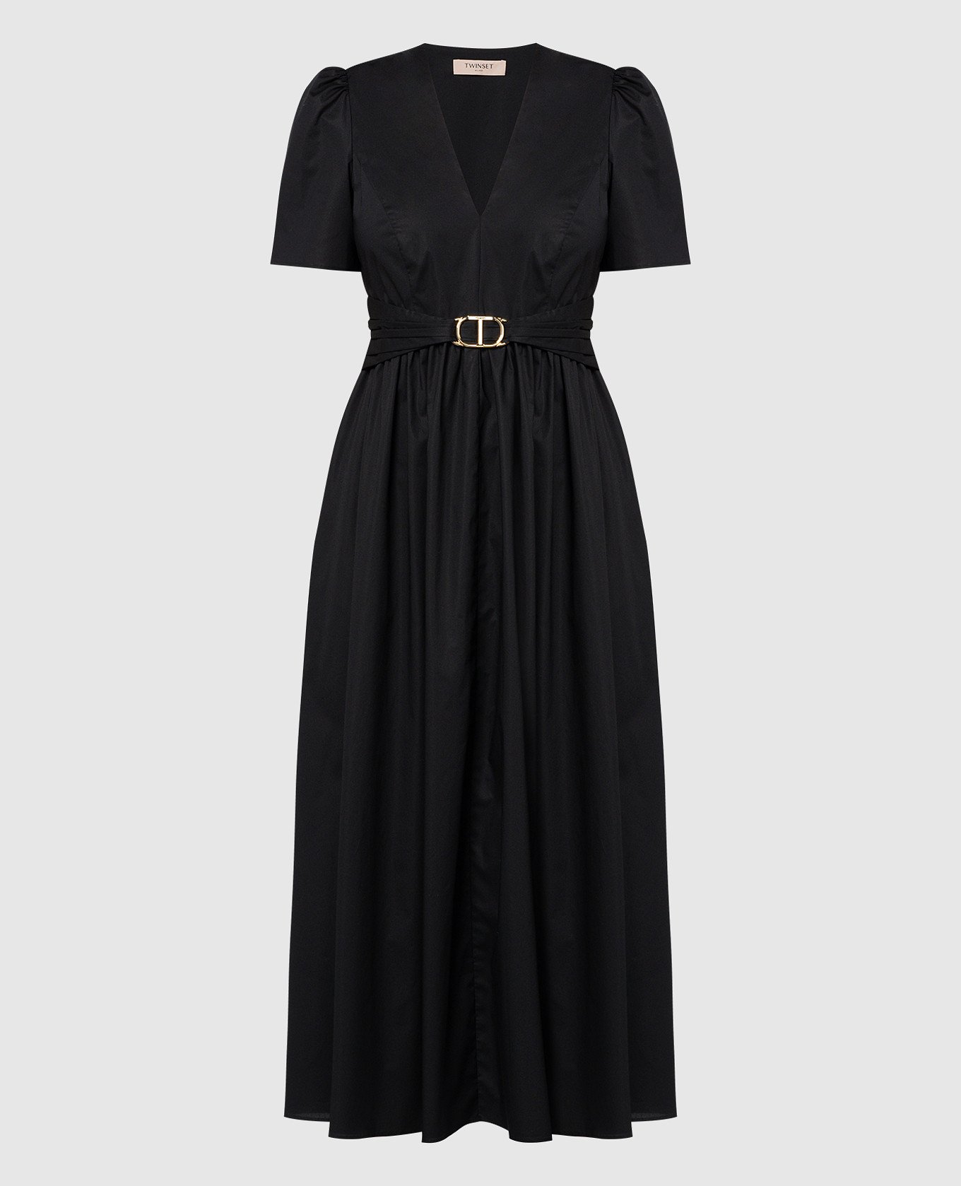 Black midi dress with drape and metallic logo
