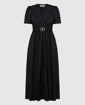 Twinset Черное платье миди с драпировкой и металлическим логотипом 241TT2020