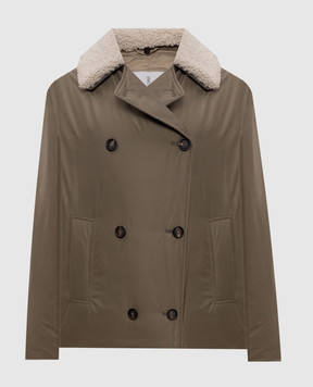 Brunello Cucinelli двубортная пуховая куртка цвета хаки с воротником из овчины MB5747879