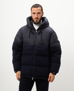 Moncler Синий комбинированный пуховик с шерстью с вышивкой логотипа J20911A00146M5113