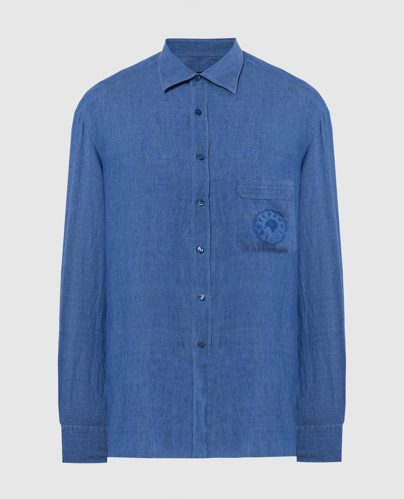 Голубая рубашка из льна с вышивкой логотипа