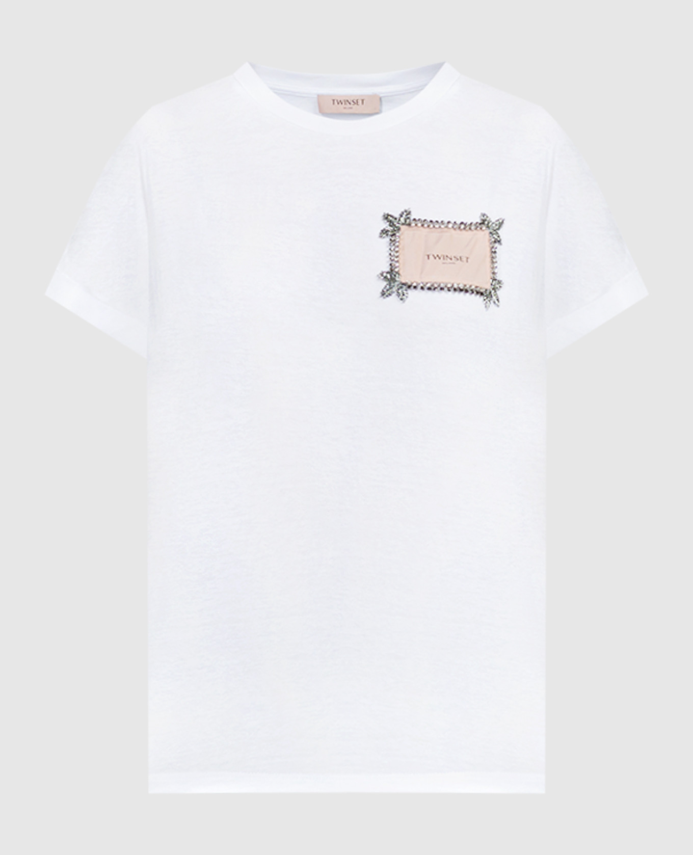 White t-shirt with logo patch with crystals