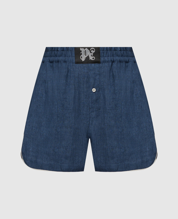Blue linen shorts with logo patch