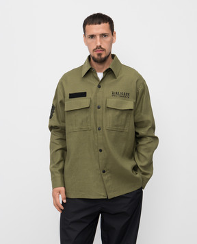 Balmain Сорочка з льоном кольору хакі з логотипом FH1HS475CG14
