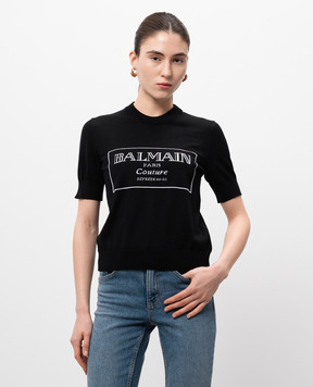 Balmain Черный топ из шерсти с узором логотипа EF1KA115KH87