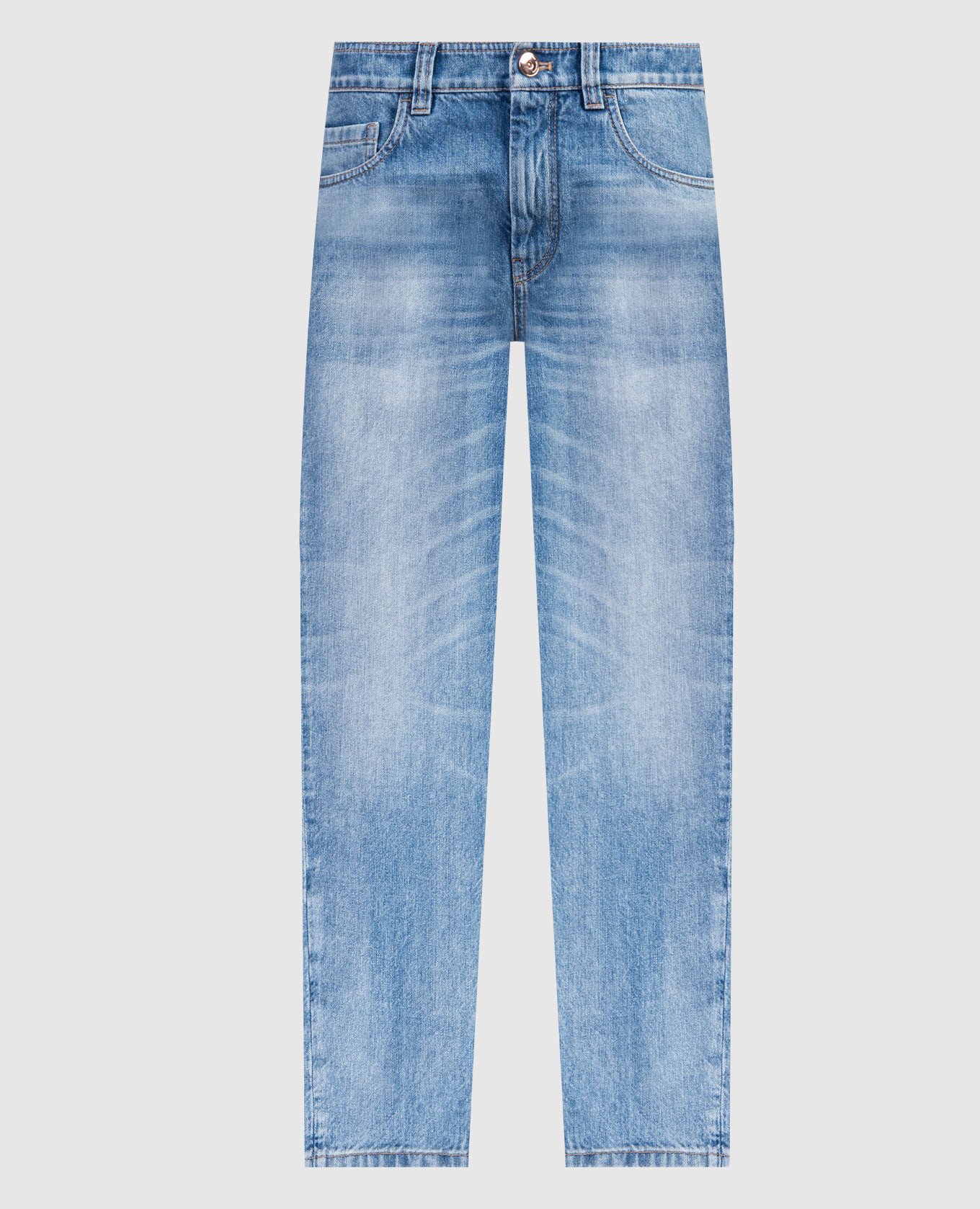 Distressed blue jeans with ecolathuni monil chain